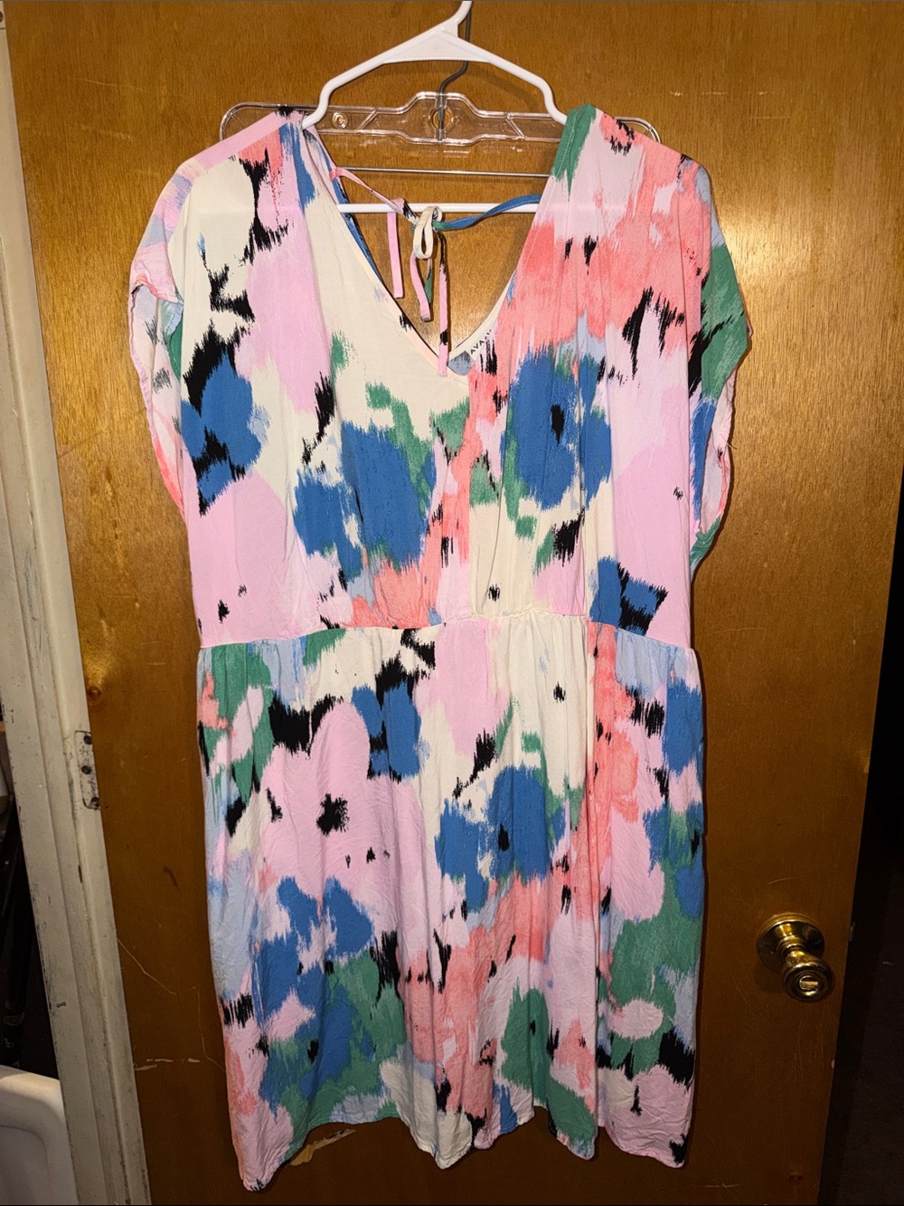 Ava & Viv Pink Blue Green Floral Tie-Back Mini Dress with Pockets